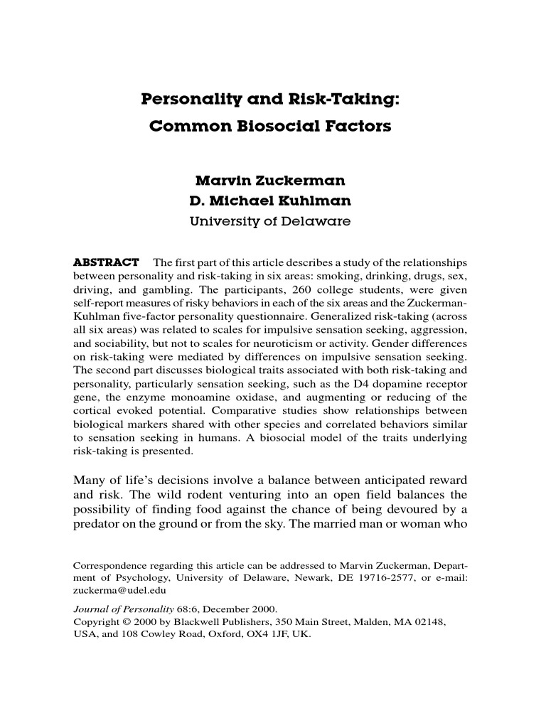 Zuckerman, Kuhlman 2000 Personality and RiskTaking Common
