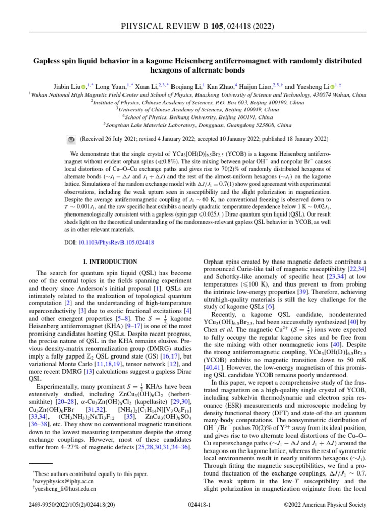 Gapless Spin Liquid in YCu3[OH(D)]6.5Br2.5 | PDF | Magnetism | Physics