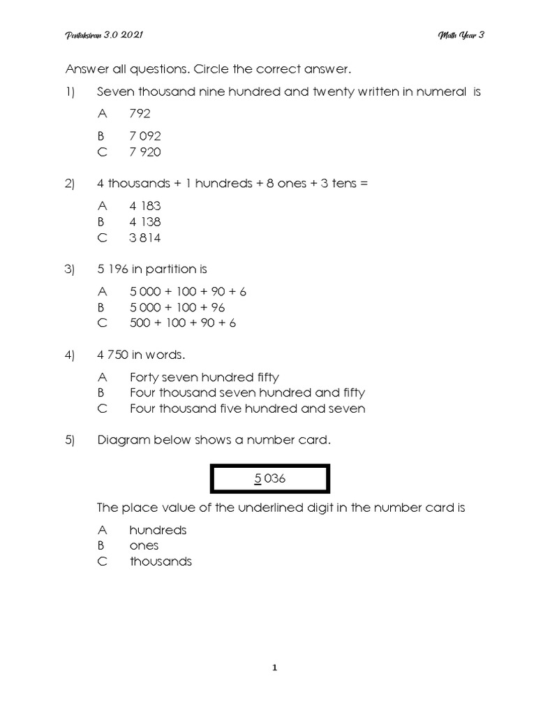 Pentaksiran 3 0 2021 math year 3 pdf mathematics