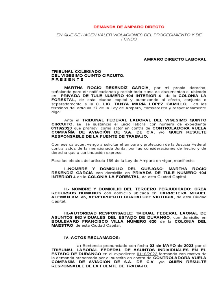 Demanda de Amparo Directo Laboral | PDF | Salario | Sentencia (ley)