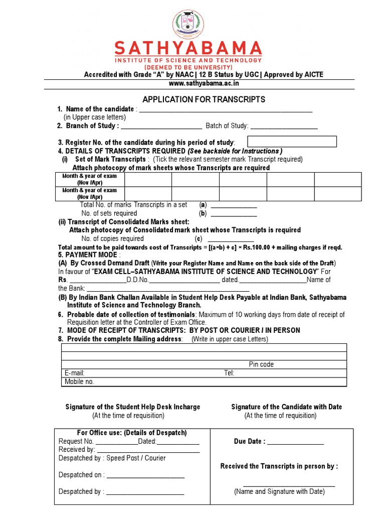 Transcript Application Process at Sathyabama | PDF | Mail | Written ...