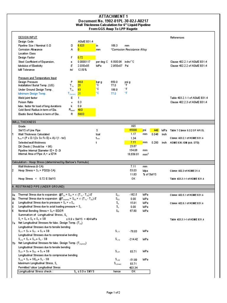 ASME B31.4Wall Thickness Calc for 6 Inch PDF Stress (Mechanics