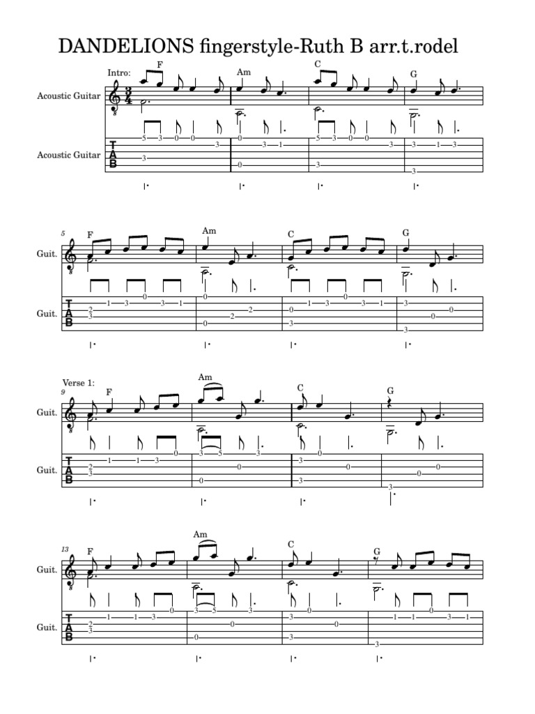DANDELIONS Fingerstyle RuthB Arr t rodel PDF Songs Musical Forms