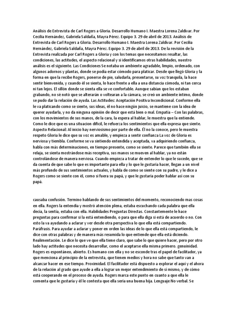 Análisis de Entrevista de Carl Rogers A Gloria PDF Experiencia