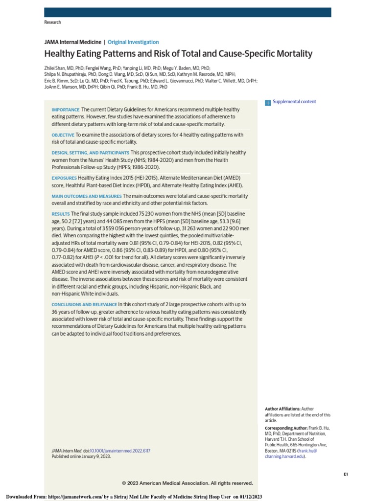 Healthy Eating Patterns and Risk of Total and Cause-Specific Mortality ...