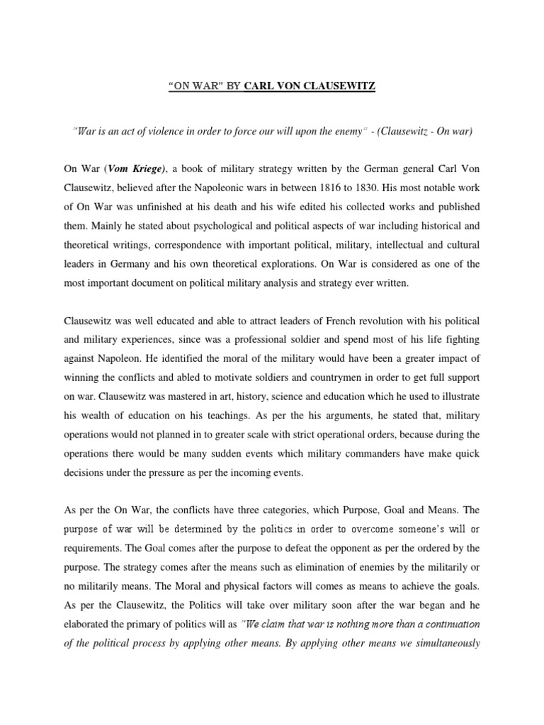 On War By Carl Von Clausewitz War Is An Pdf On War