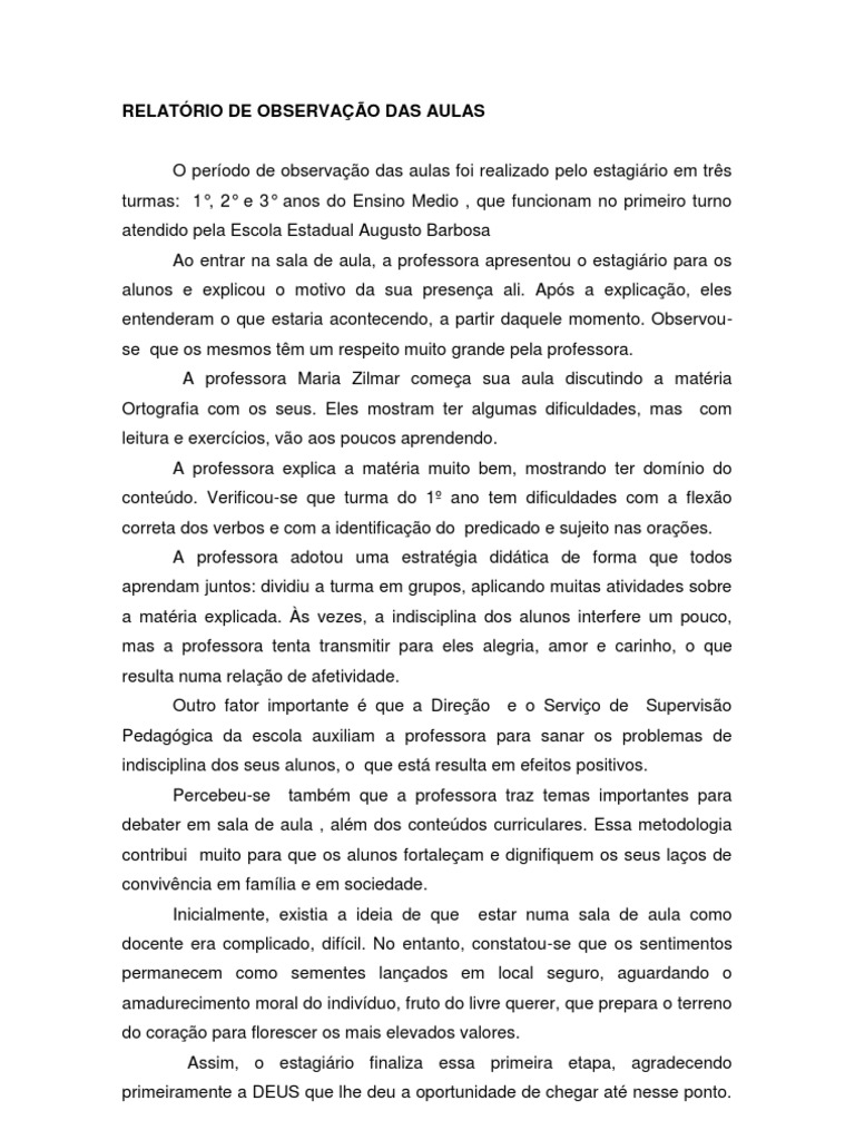 RELATÓRIO DE OBSERVAÇÃO DAS AULAS