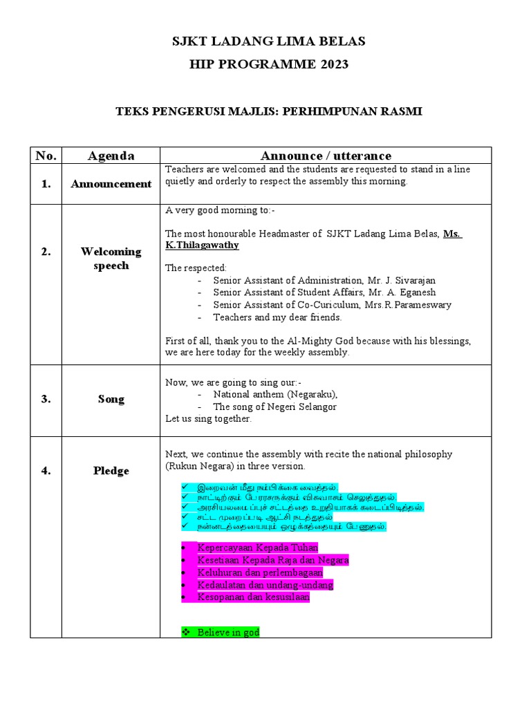 SJKT Ladang Lima Belas Assembly Agenda | PDF