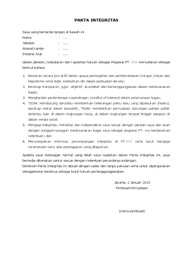 Contoh Pakta Integritas Pegawai | PDF | Politik | Ilmu Sosial