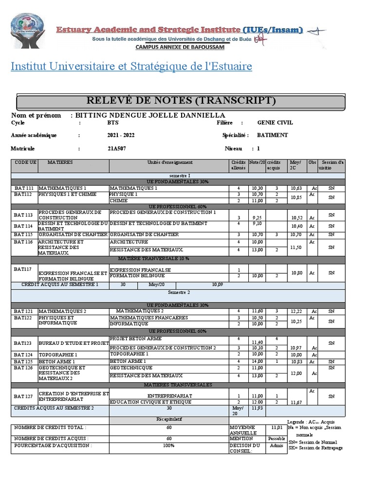 Relevé de notes BTS Génie Civil | PDF | Sciences physiques