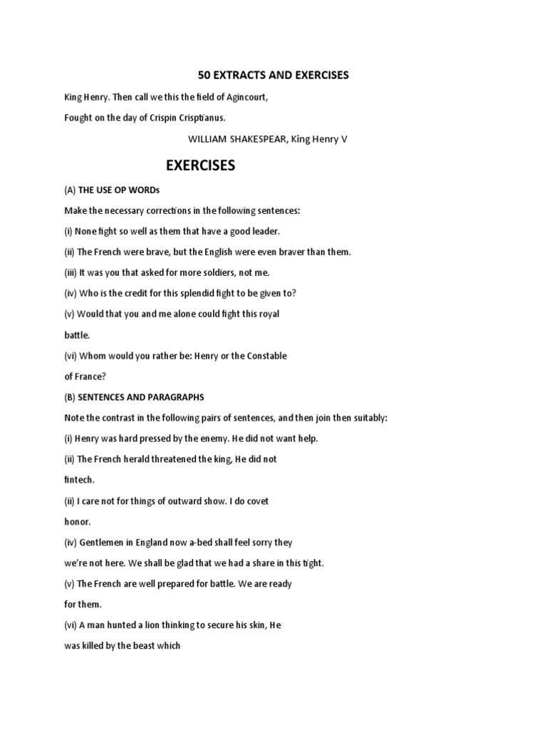 50 Extracts and Exercises PDF Battle Of Agincourt Excalibur