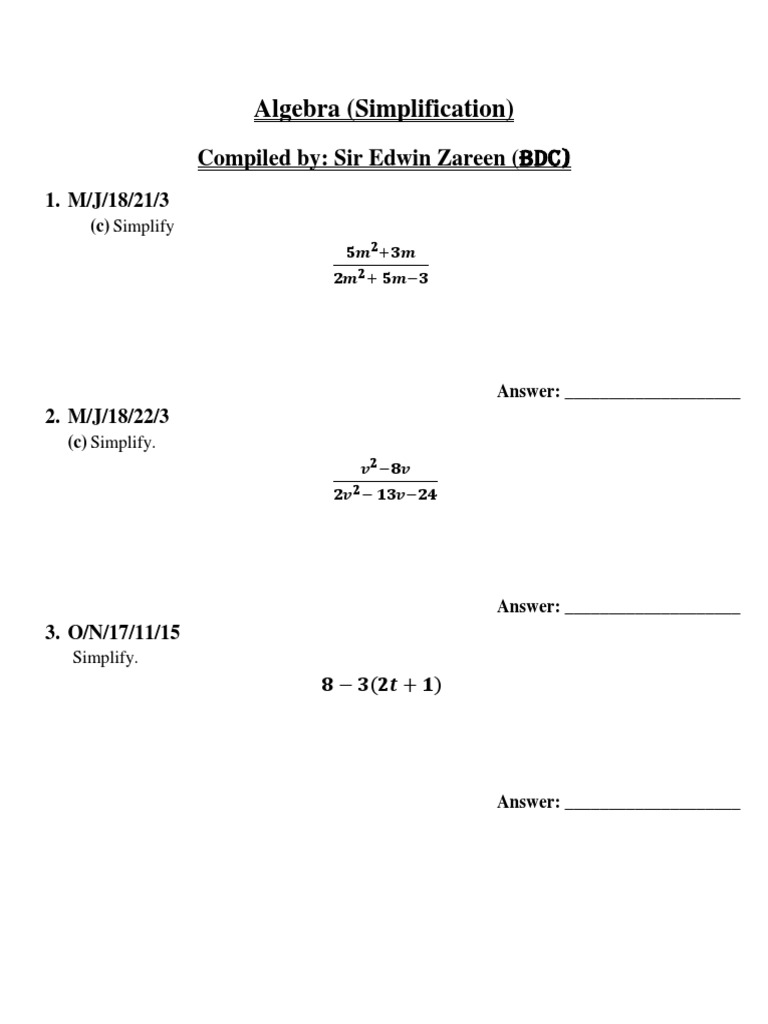 Algebra (Sheet 1) by Sir Edwin (Compiled Past Papers) | PDF