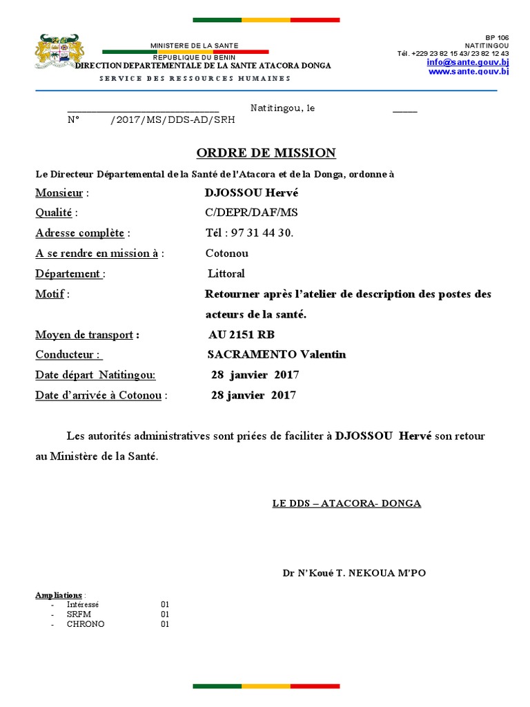 Ordre de mission pour DJOSSOU Hervé PDF — free download