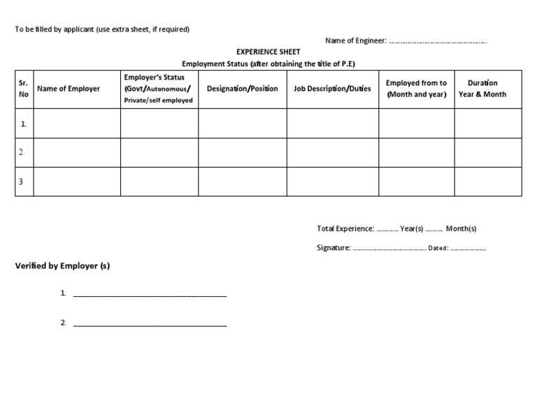 Sample of experience sheet pdf