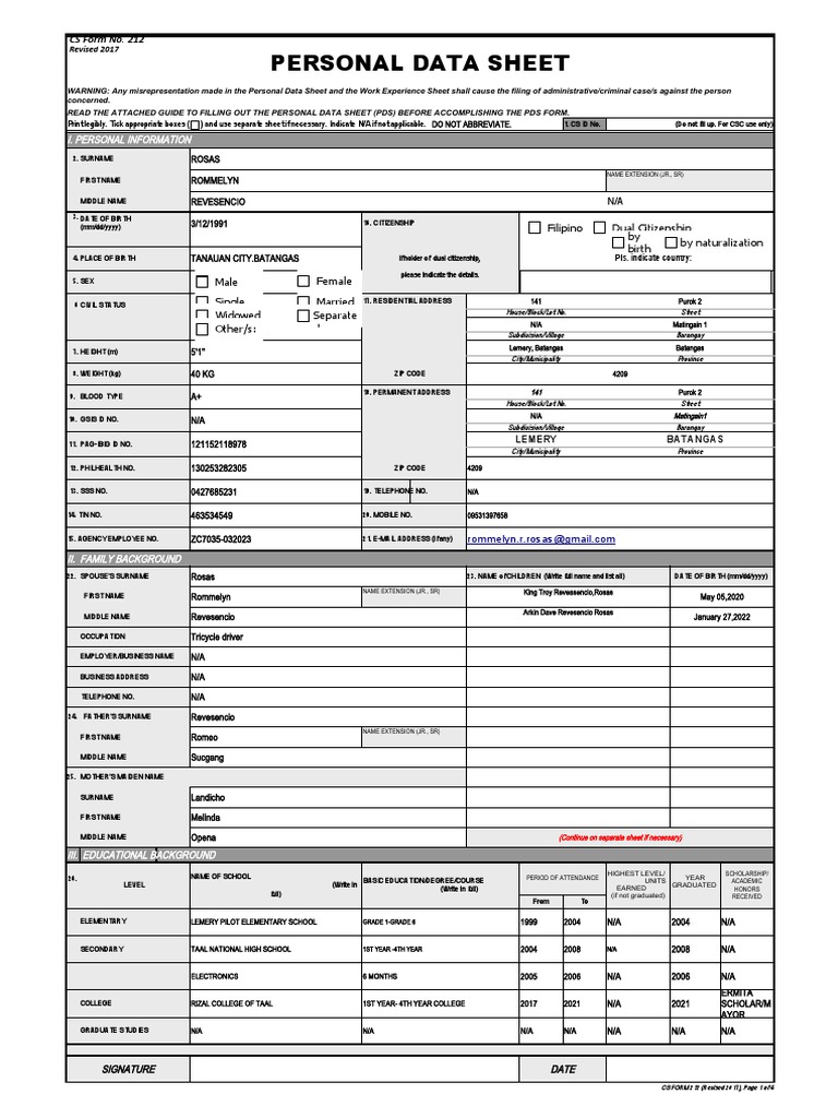 CS Form No. 212 Personal Data Sheet Revised PDF Government Social