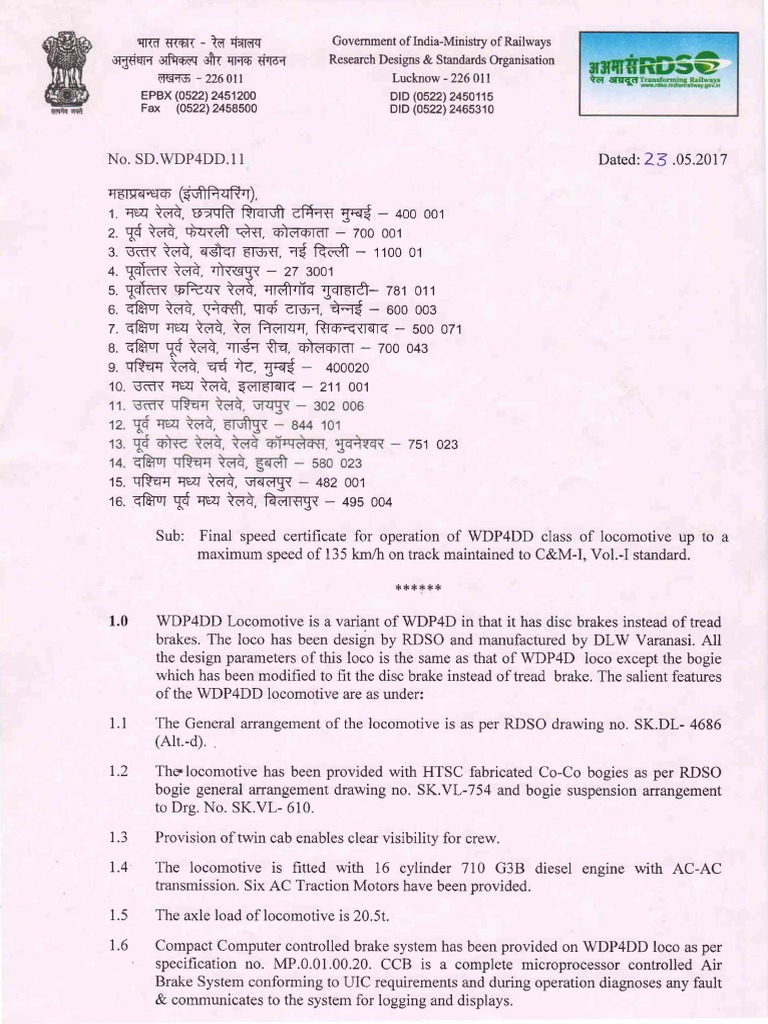 WDP4DD Final Speed Certificate For Operation of WDP4DD Class of Locos ...