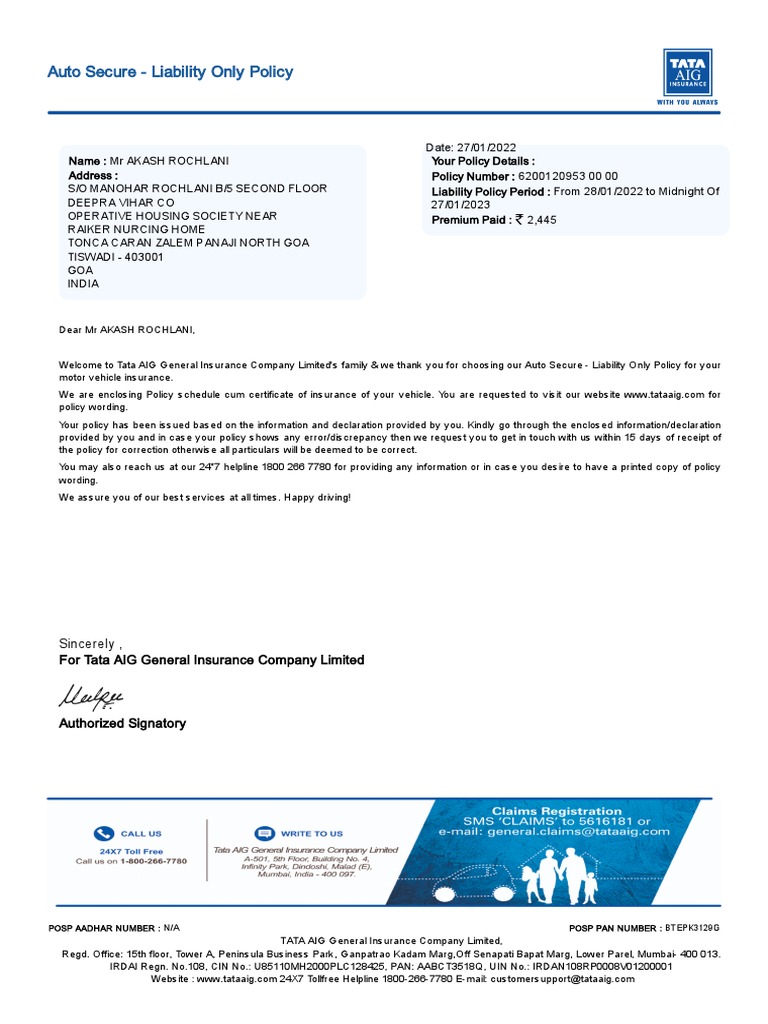 Tata AIG Motor Policy Schedule 3184 6200120953 00 Hanun Sreedhar