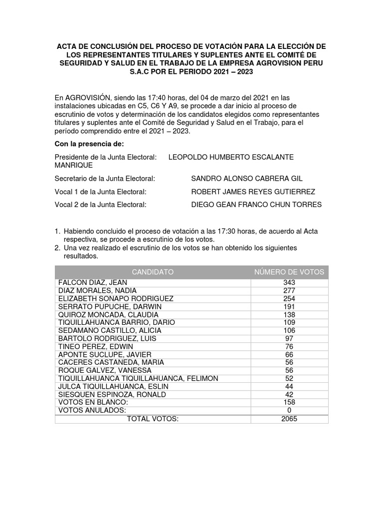Acta de Conclusión Del Proceso de Votación para La Elección Comité SST ...