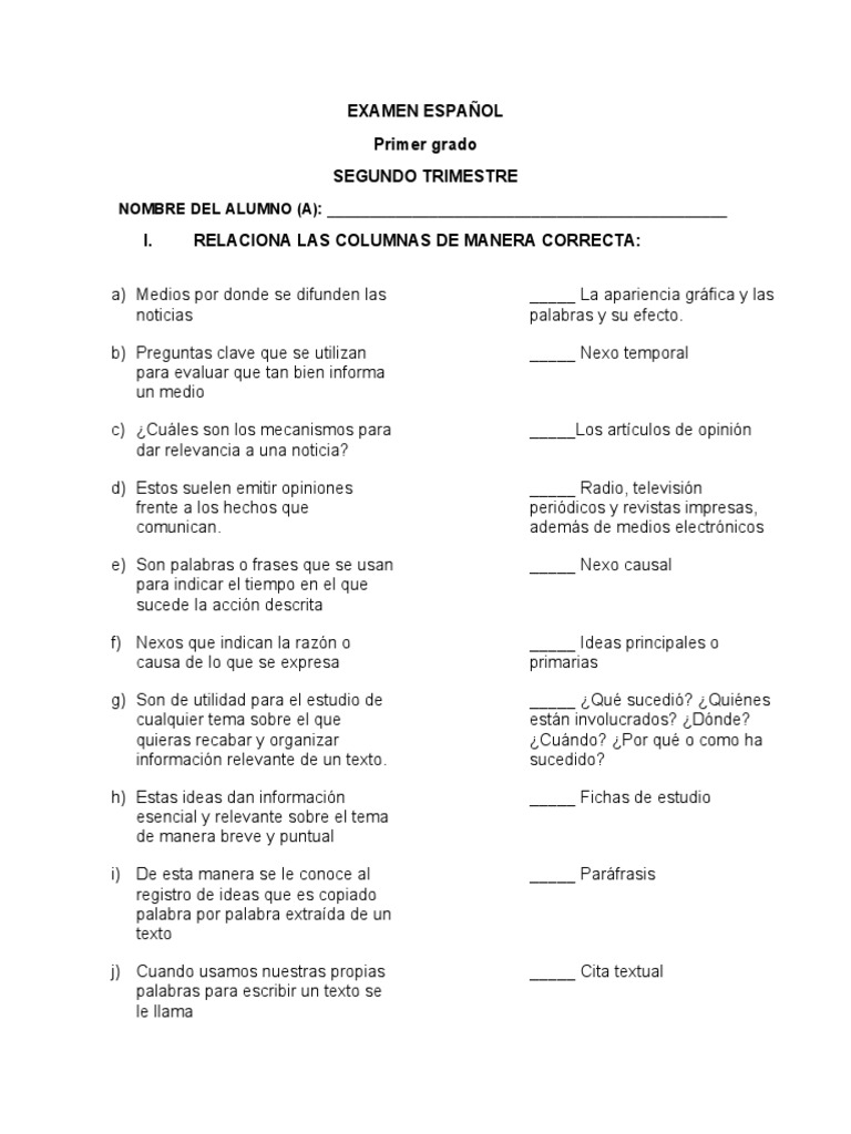 EXAMEN ESPAÑOL trim 2 PDF Ciencia cognitiva
