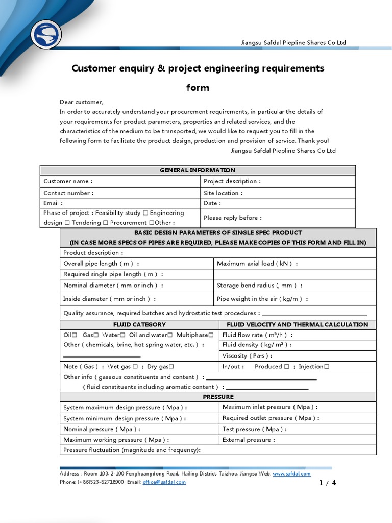 Customer Project Enquiry Form | PDF | Pipe (Fluid Conveyance) | Materials