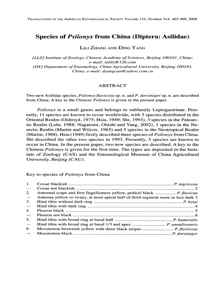Zhang Yang 2008 Psilonyx From China PDF Arthropods Arthropodology