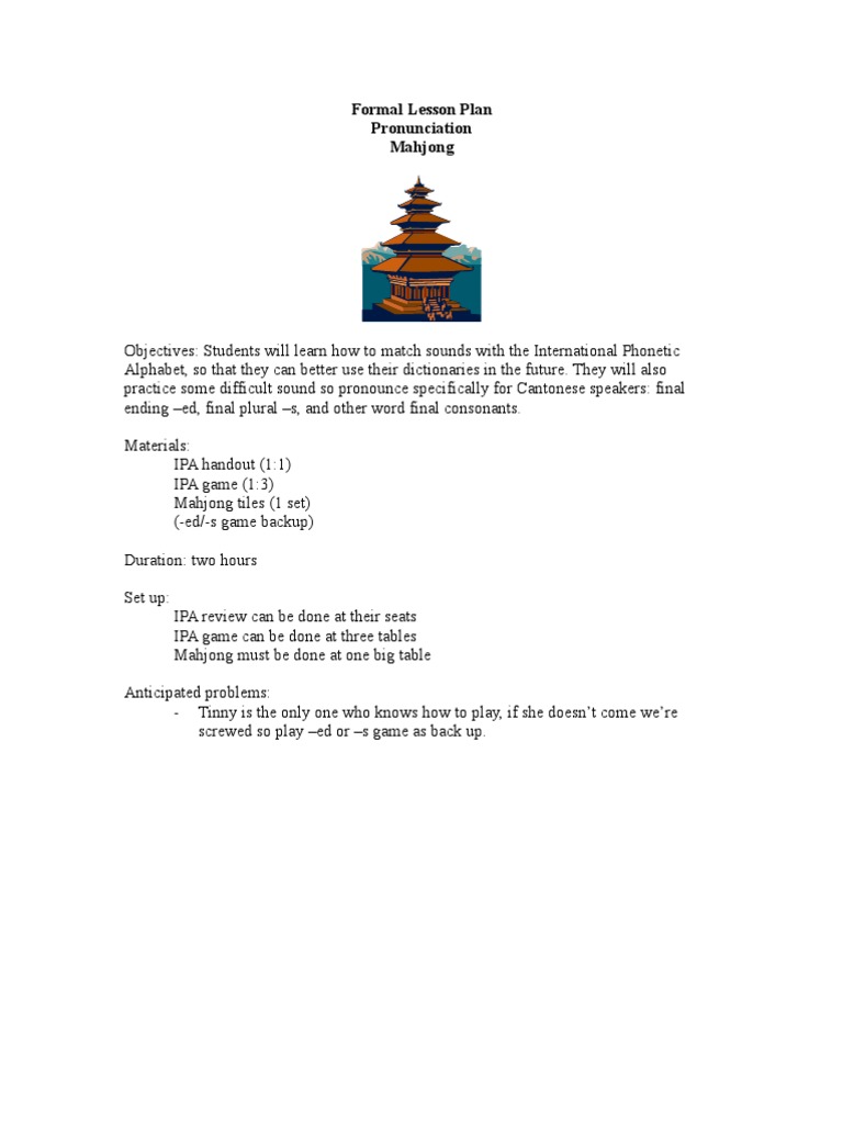 Pronunciation Mahjong Lesson Plan | PDF | Mahjong | Oral Communication