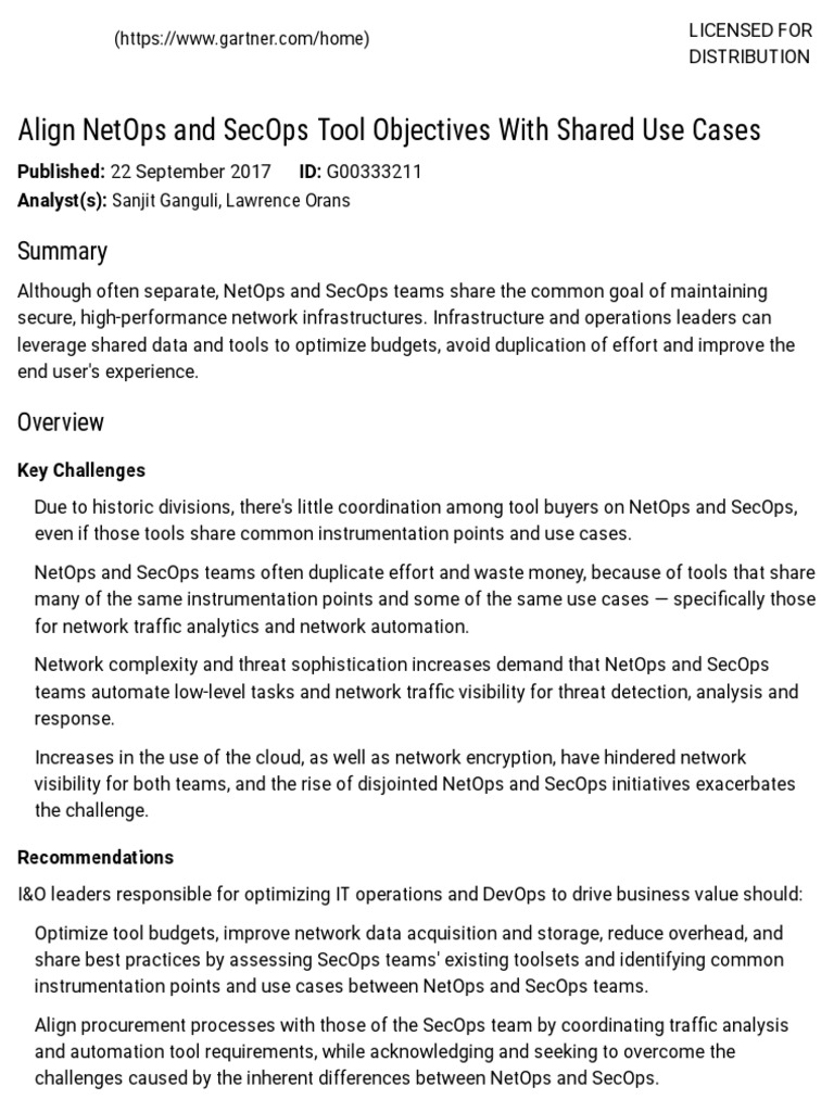 Gartner Reprint Align NetOps and SecOps Tool Objectives With Shared Use