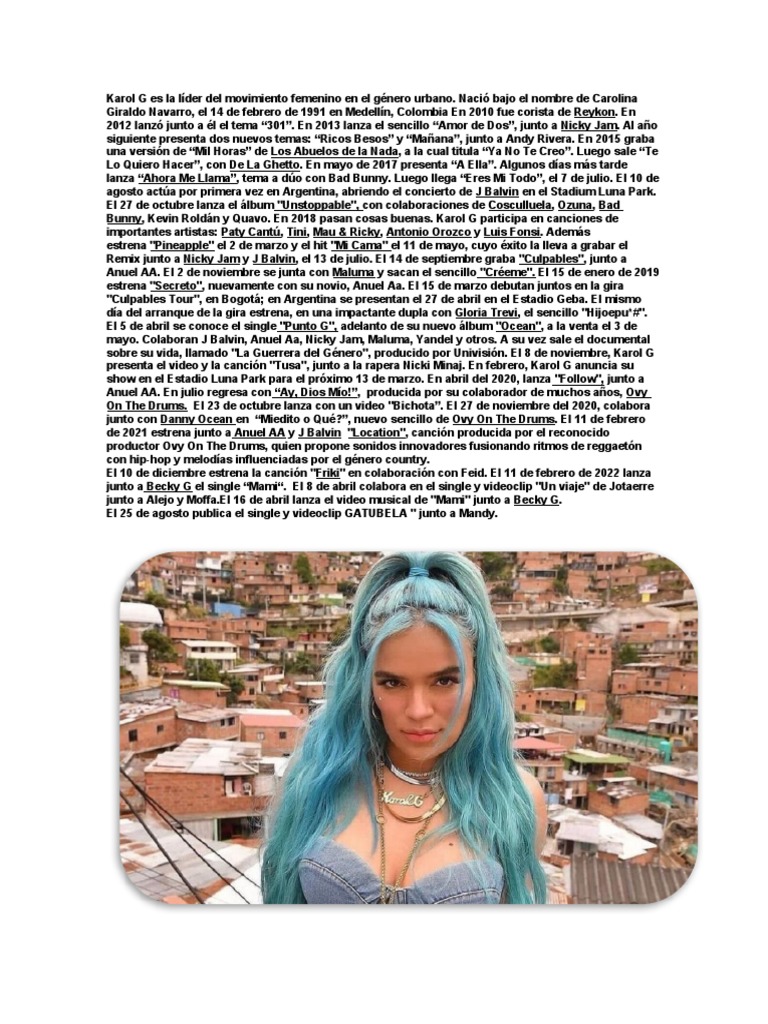 Biografía de Karol G: Éxitos y Trayectoria | PDF | Música pop | Canciones