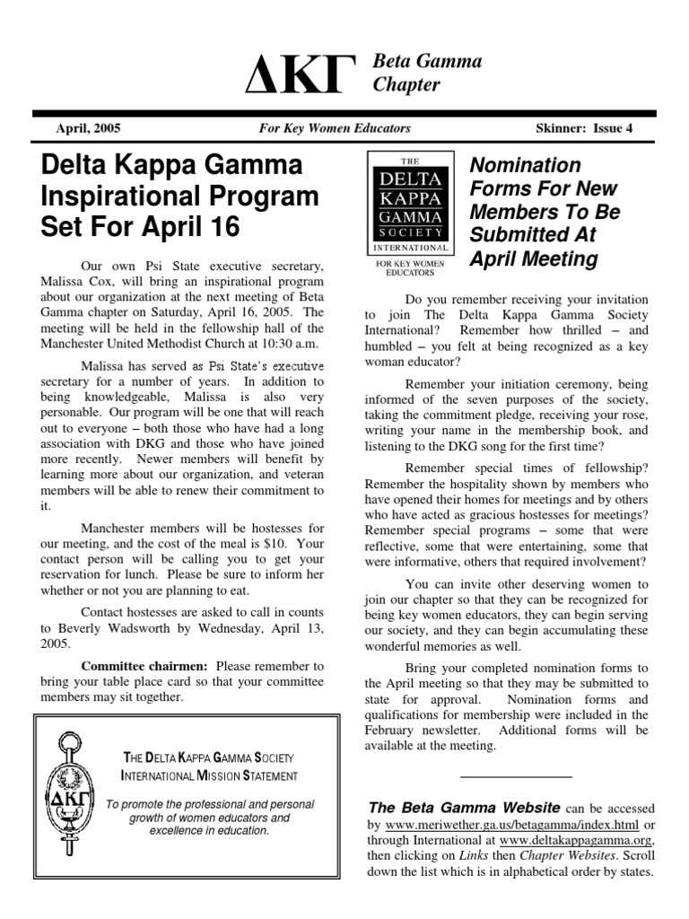 Delta Kappa Gamma Inspirational Program Set For April 16 PDF