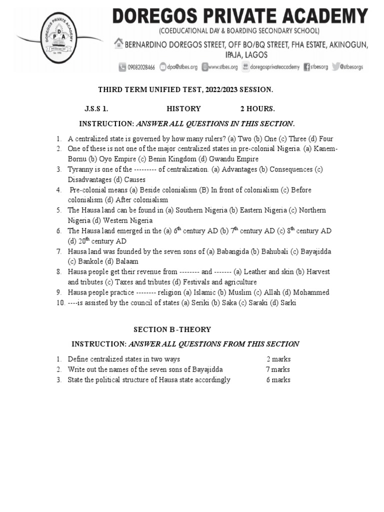 JSS1 Third Term History Exam Questions | PDF | Travel