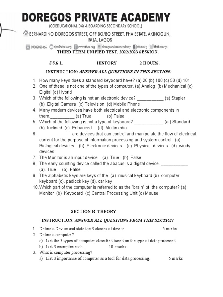 THIRD TERM UNIFIED TEST JSS1 Computer PDF