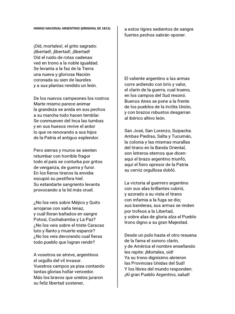 Letra Original (1813) HIMNO NACIONAL ARGENTINO PDF Himnos Himnos