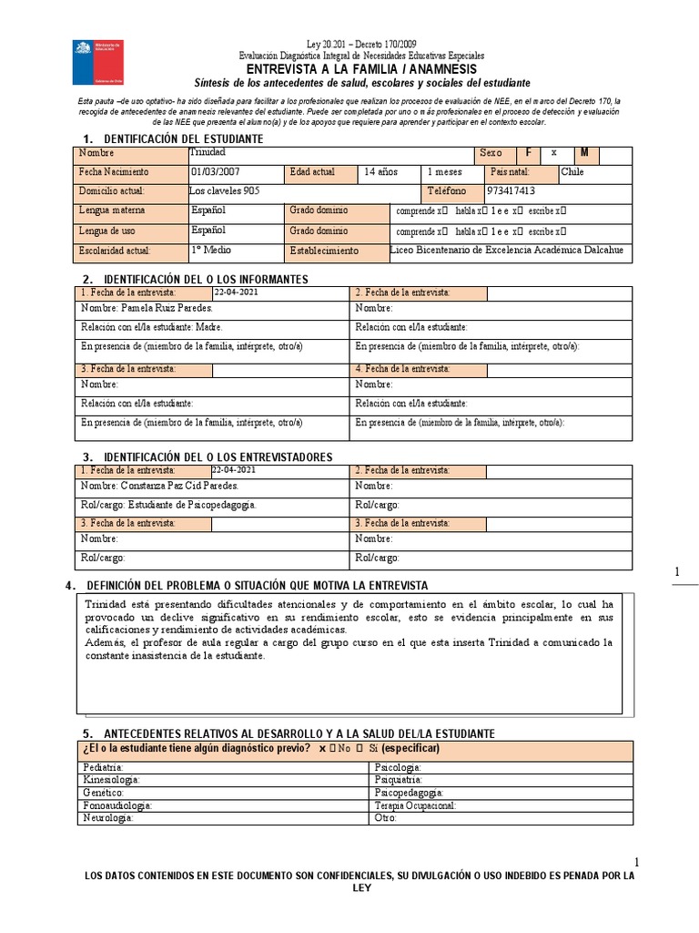 Anamnesis Decreto 170 | PDF | Evaluación | Conceptos psicologicos