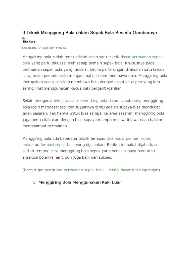 3 Teknik Menggiring Bola Dalam Sepak Bola Beserta Gambarnya | PDF