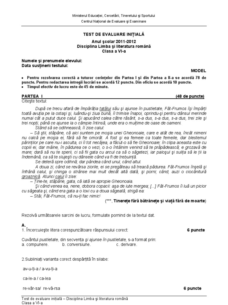 Evaluare Initiala LB Romana Cls 6 Sub | PDF