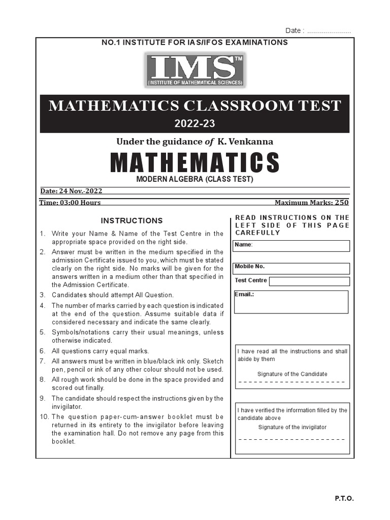 Mathematics Modern Algebra Class Test | PDF | Ring (Mathematics ...