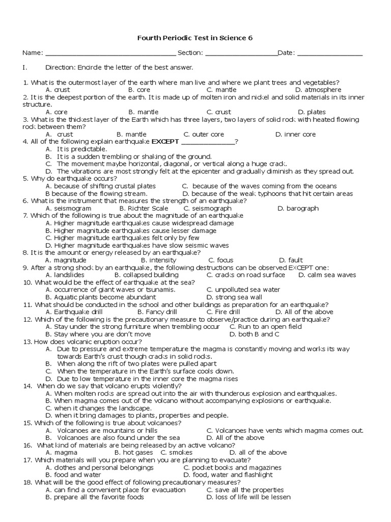Science 6 Fourth Quarter Test | PDF | Volcano | Earthquakes