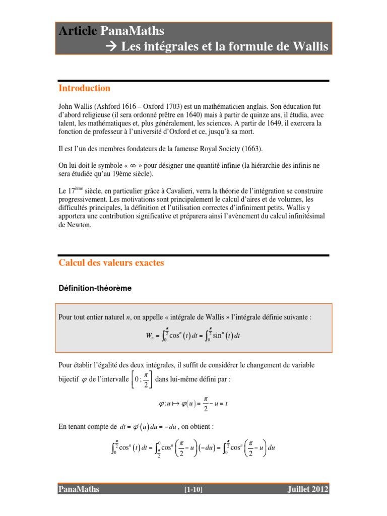 NL Integraleswallis | PDF | Intégral | Pi