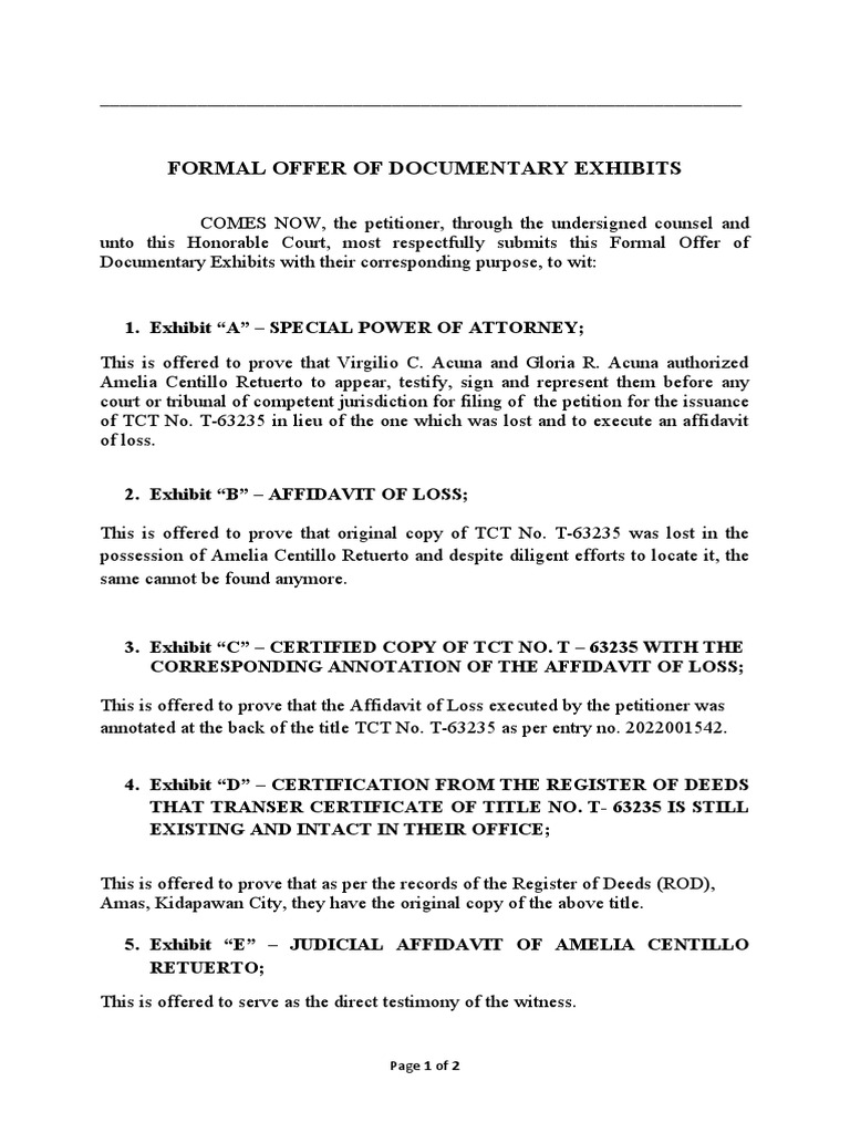 Formal Offer of Documentary Exhibits | PDF