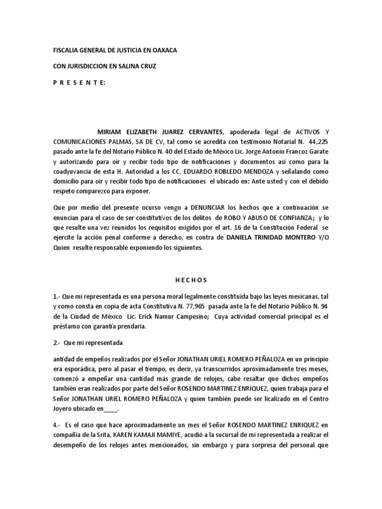 Denuncia por Robo y Abuso de Confianza | PDF | Justicia | Crimen y ...