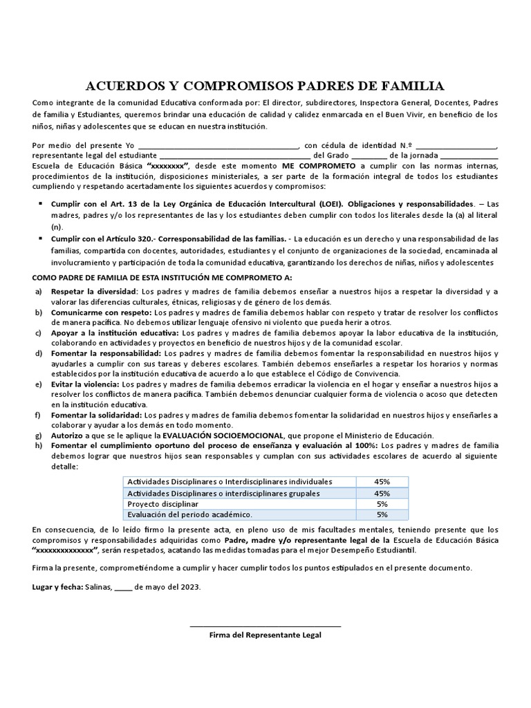 Acuerdos y Compromisos Padres de Familia | PDF | Familia | Institución
