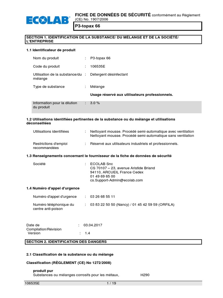 Fiche de données de sécurité P3-topax 66 | PDF | Brûlure | Hydroxyde de ...