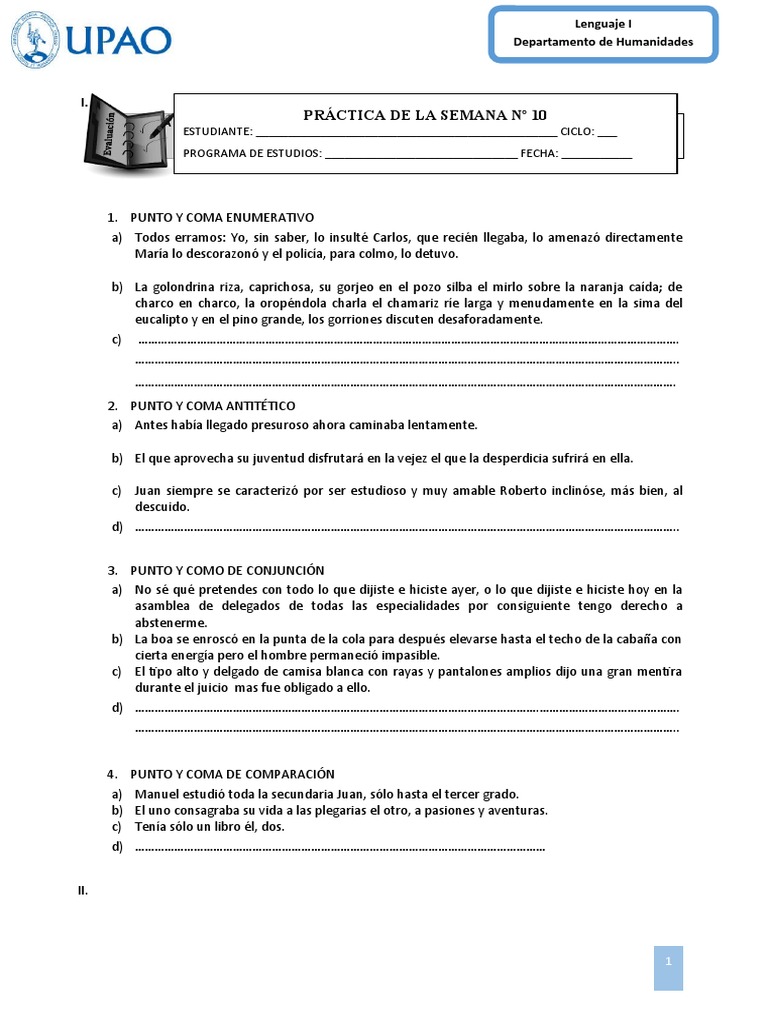 Práctica N 10 Puntuación Ii Dos Puntos Punto Y Coma Las