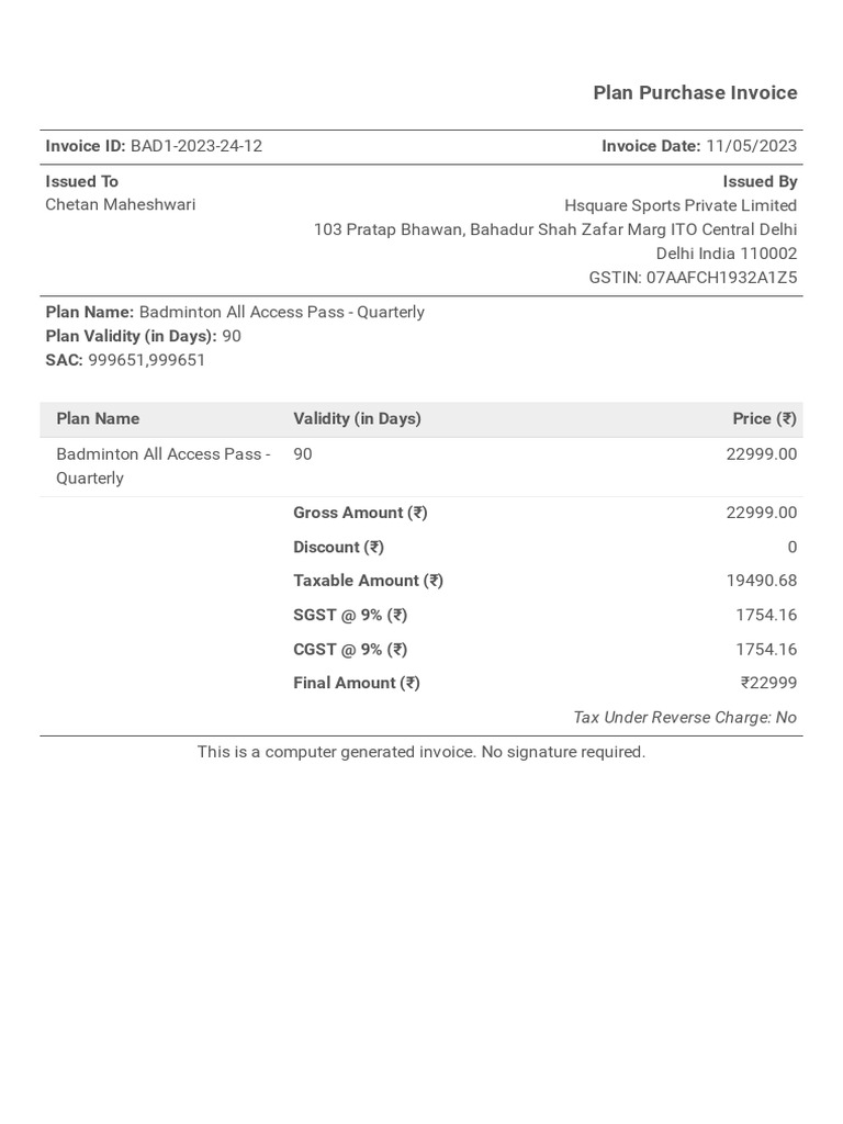Badminton All Access Pass Invoice | PDF