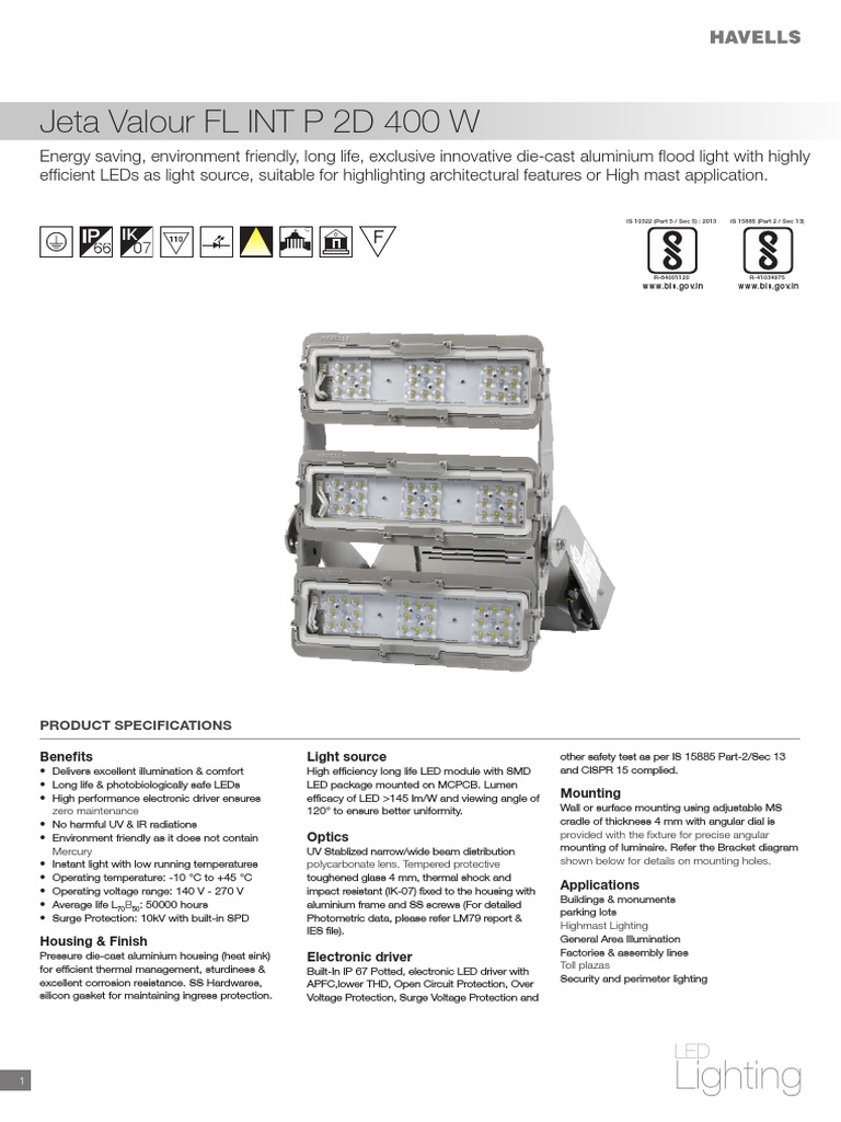 Havells 400W LED Flood Light Specs | PDF | Light Emitting Diode | Lighting