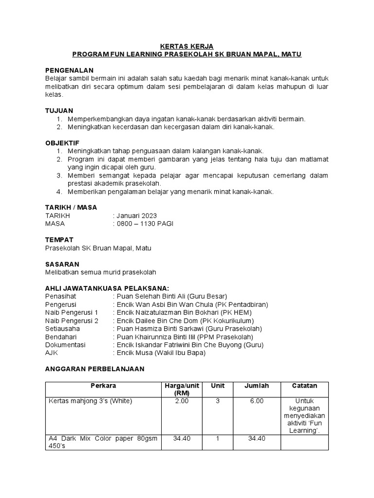 Program Fun Learning Prasekolah SK Bruan Mapal | PDF