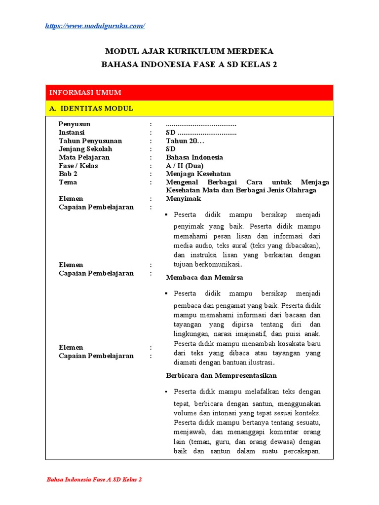 Modul Ajar Bahasa Indonesia Kelas 2 Bab 2 Kurikulum Merdeka Pdf
