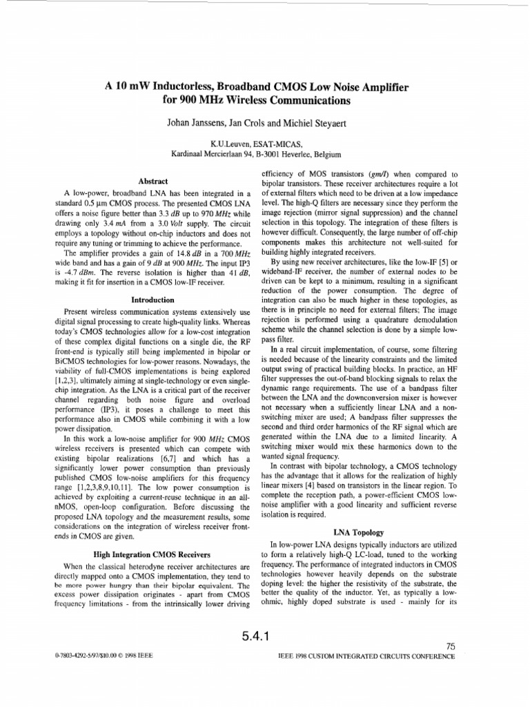 A 10 MW Inductorless, Broadband CMOS Low Noise Amplifier For