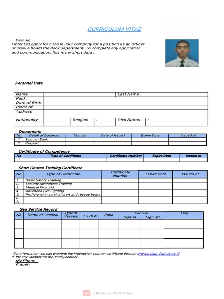 cv application form for seafarers