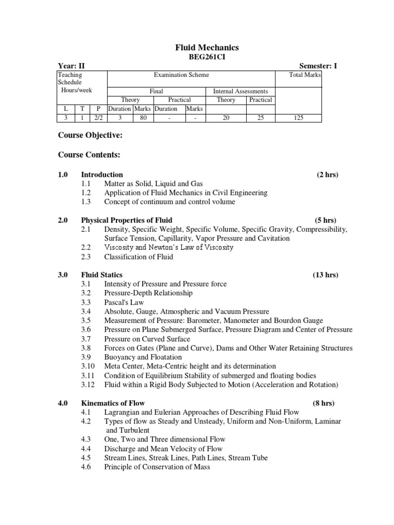 Fluid Mechanics Course Overview | PDF | Fluid Dynamics | Pressure
